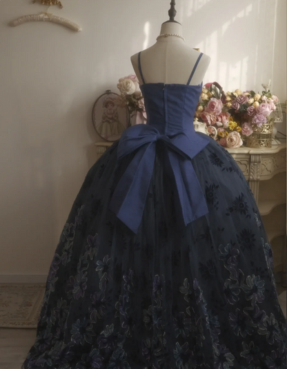 Vintage Elegant Navy Blue Bow Embroidered Train Tulle Ball Gown Evening Dresses Sweet 16 Dresses