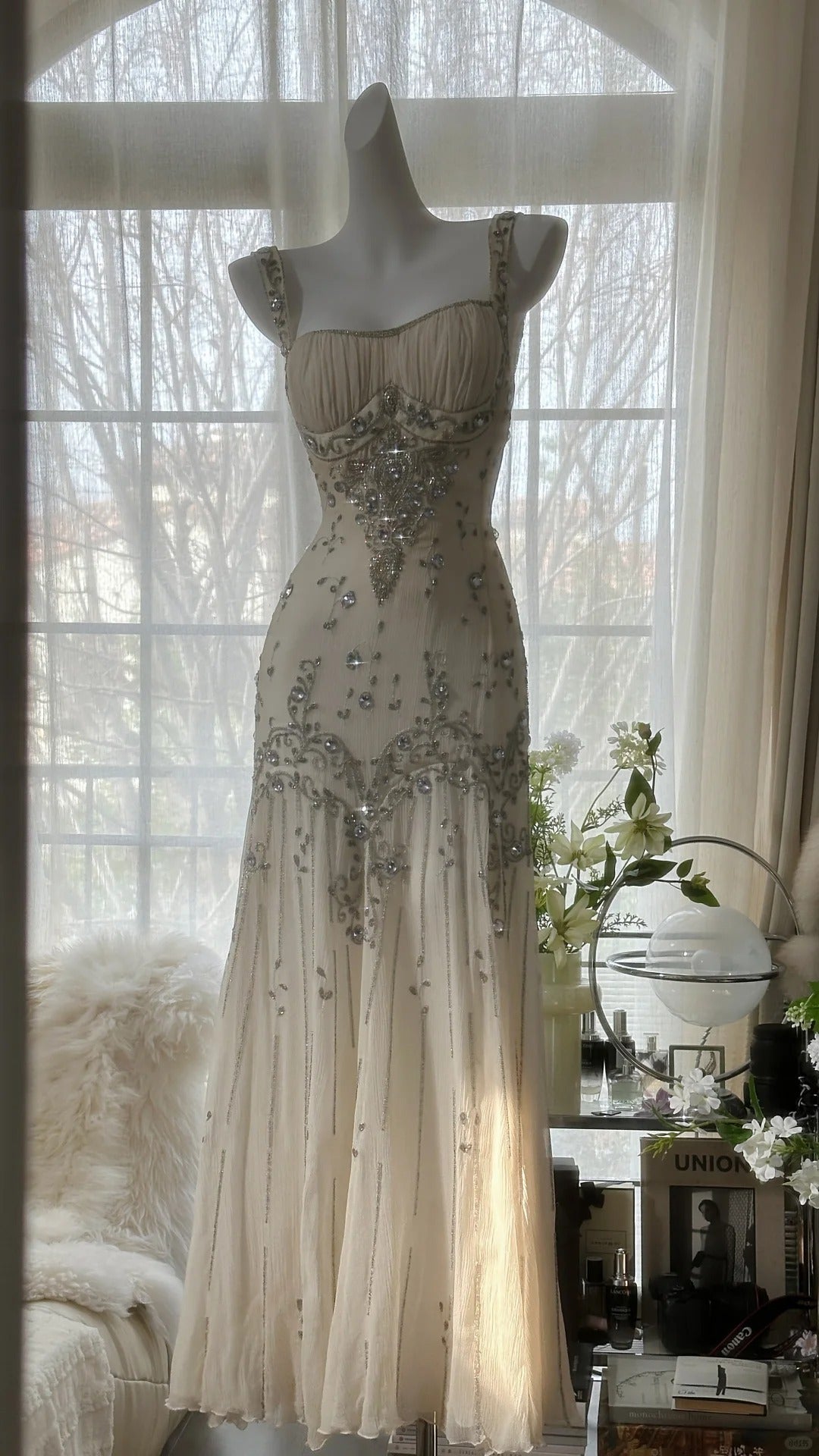 Vintage Prom Dresses, Light Champagne Long Sleeveless Prom Gown