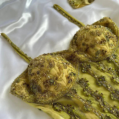 Vintage Gold Spaghetti Strap Silk Sheath Prom Dresses Beaded Prom Gown With Scarf