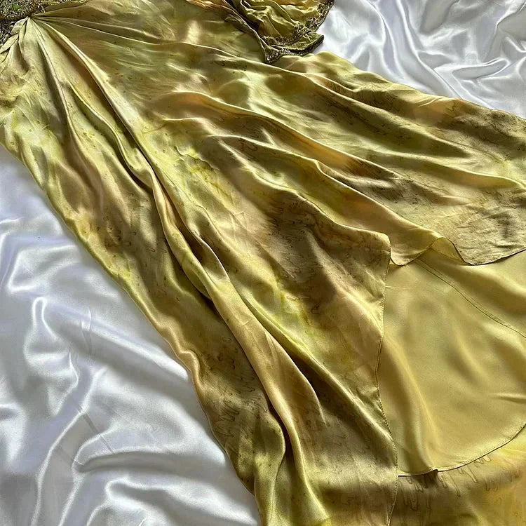 Vintage Gold Spaghetti Strap Silk Sheath Prom Dresses Beaded Prom Gown With Scarf