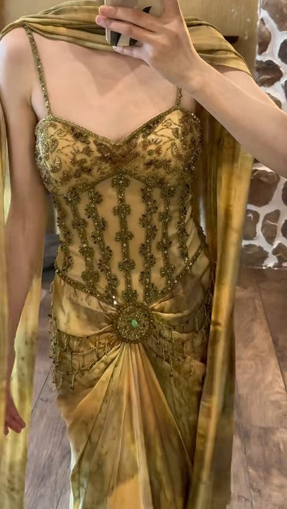 Vintage Gold Spaghetti Strap Silk Sheath Prom Dresses Beaded Prom Gown With Scarf