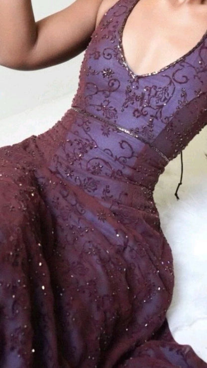 Vintage Mermaid Purple Lace Halter Prom Dress Long Prom Dresses Prom Gown