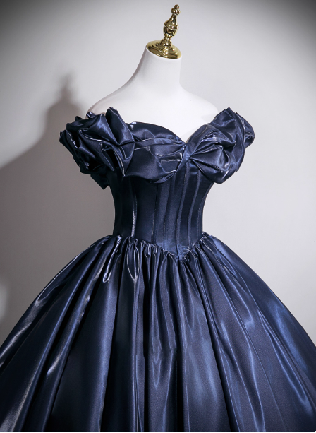 Vintage Navy Blue Off-The-Shoulder Satin Ball Gown Evening Dresses Sweet 16 Dresses