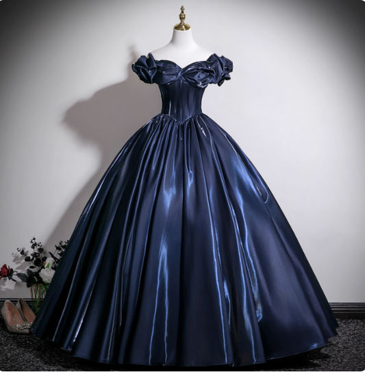 Vintage Navy Blue Off-The-Shoulder Satin Ball Gown Evening Dresses Sweet 16 Dresses