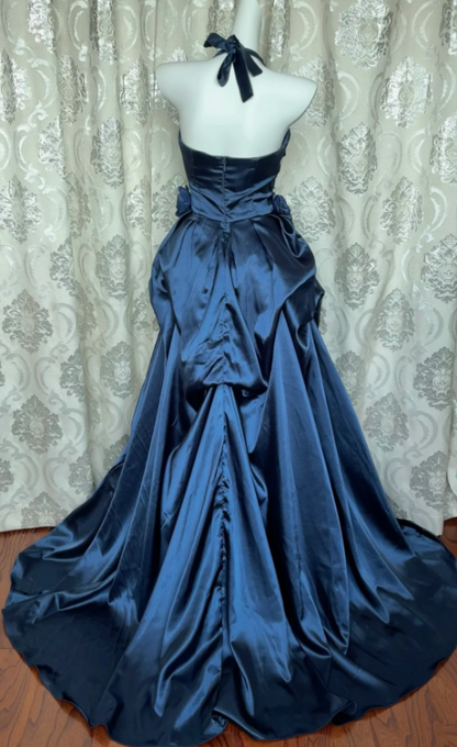 Vintage Navy Blue Strapless Satin Long Ball Gown Evening Dresses