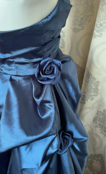 Vintage Navy Blue Strapless Satin Long Ball Gown Evening Dresses