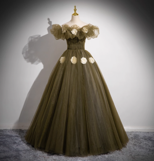Vintage Olive Green One-Shoulder 3D Floral Tulle Long Ball Gown Evening Dresses Sweet 16 Dresses