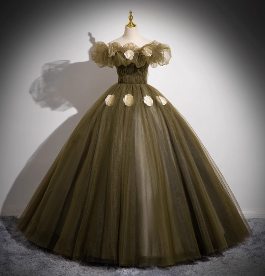 Vintage Olive Green One-Shoulder 3D Floral Tulle Long Ball Gown Evening Dresses Sweet 16 Dresses