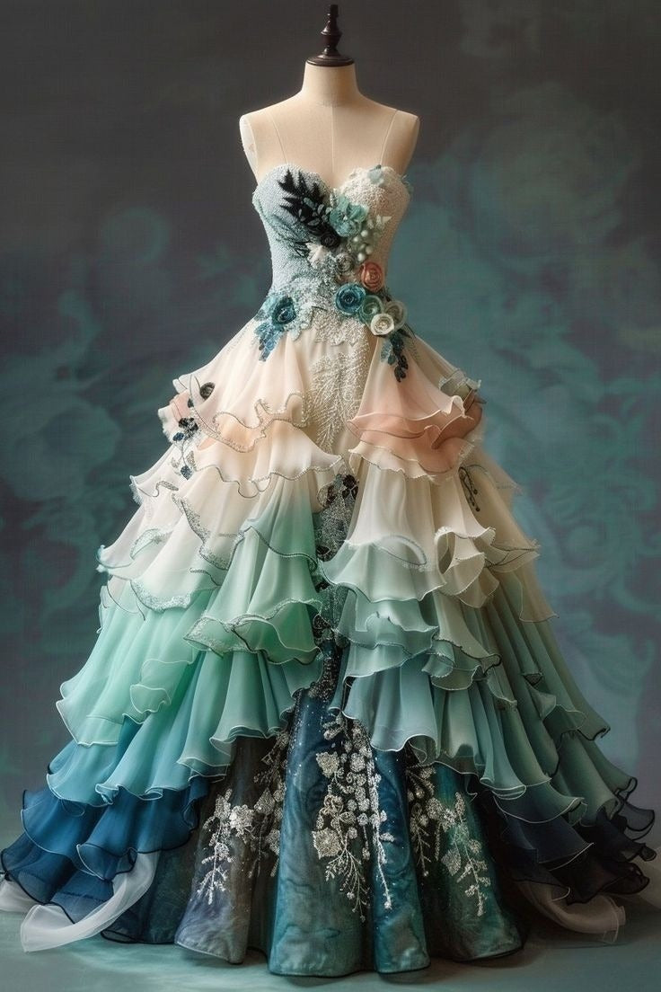 Vintage Ombre Sweetheart Chiffon Long Ball Gowns Embroidered Applique Sweet Floral Prom Dresses