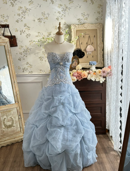 Vintage Princess Light Hazy Blue Strapless Lace Embroidered Tulle Ball Gown Evening Dresses