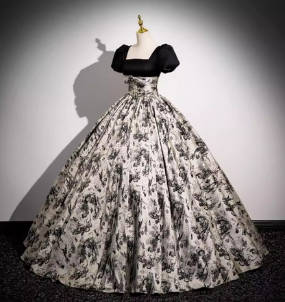 Vintage Printed Square Neck Puff Sleeve Velvet Ball Gown Evening Dresses Sweet 16 Dresses