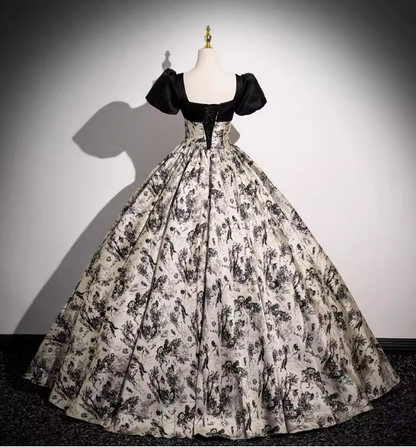 Vintage Printed Square Neck Puff Sleeve Velvet Ball Gown Evening Dresses Sweet 16 Dresses