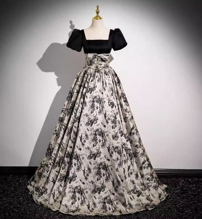 Vintage Printed Square Neck Puff Sleeve Velvet Ball Gown Evening Dresses Sweet 16 Dresses
