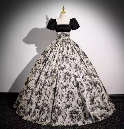 Vintage Printed Square Neck Puff Sleeve Velvet Ball Gown Evening Dresses Sweet 16 Dresses