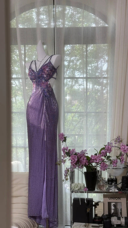 Vintage Purple Strap Chiffon Halter Back High Slit Beaded Prom Gowns Prom Dresses