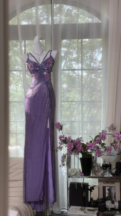Vintage Purple Strap Chiffon Halter Back High Slit Beaded Prom Gowns Prom Dresses