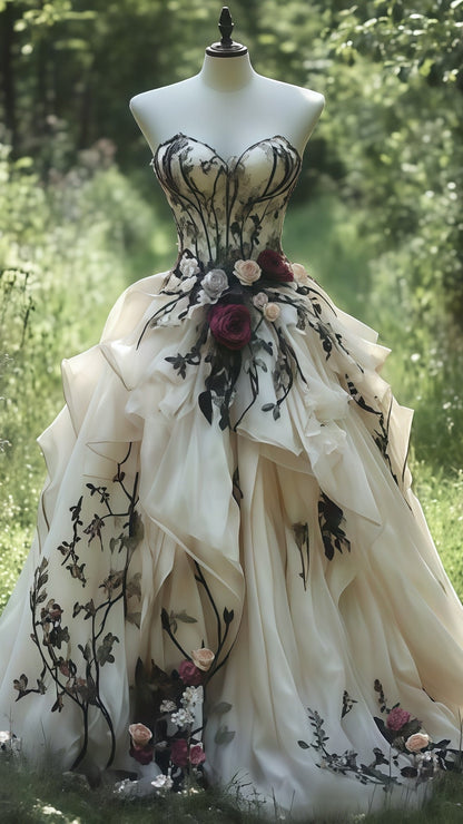Vintage Sweetheart Floral Prom Dresses, Ivory Ruffle Ball Gowns
