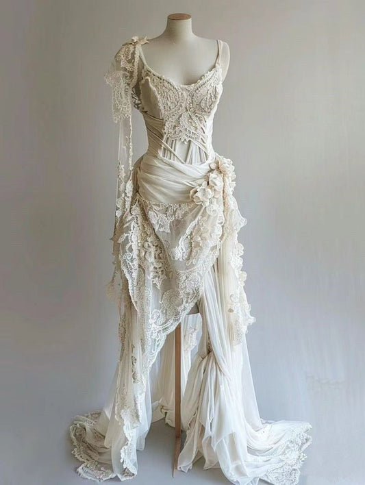 Vintage Unique Long Lace Prom Dress Wedding Dresses Bridal Gowns
