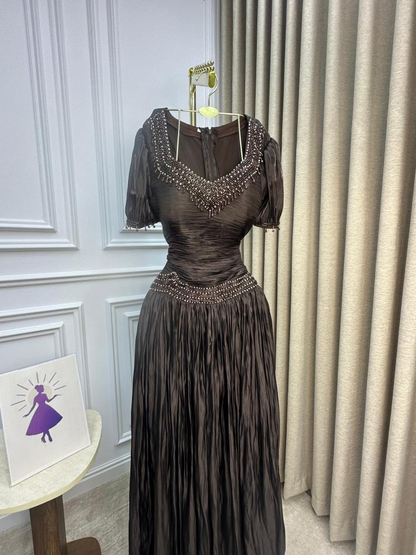Vintage V Neck Brown Chiffon Beaded Mermaid Prom Dresses Long Prom Gown