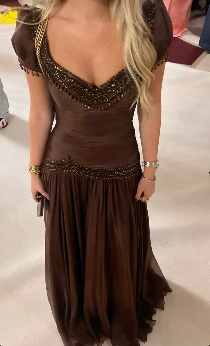 Vintage V Neck Brown Chiffon Beaded Mermaid Prom Dresses Long Prom Gown
