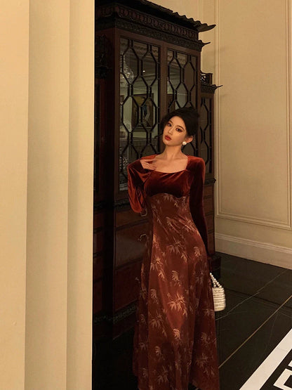 New style velvet splicing dress party dress    S5523