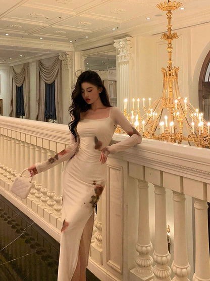 French long-sleeved floral dress for women new sexy square neck slit long dress     S5531