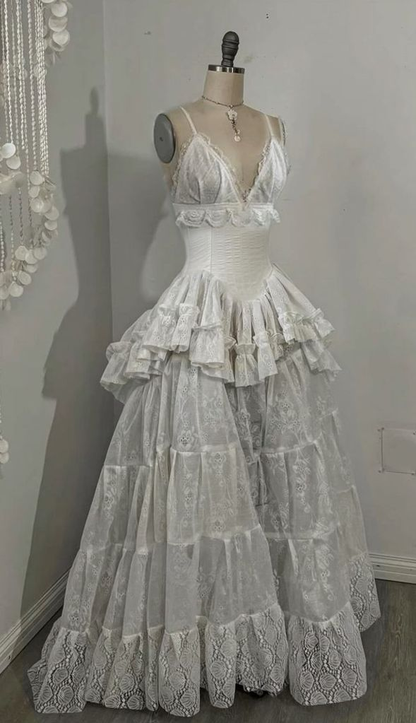 Retro V Neck Straps A-Line Lace Ruffles Vintage Wedding Dress Evening Dress, D861