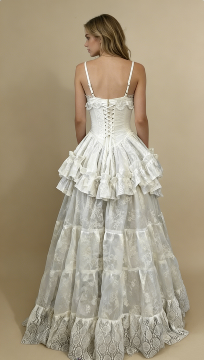 Retro V Neck Straps A-Line Lace Ruffles Vintage Wedding Dress Evening Dress, D861