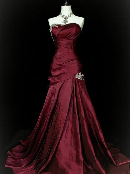 Wine Red Strapless Ruched Prom Dress,Elegant Wine Red Taffeta Floor-Length Formal Dress with Lace Applique