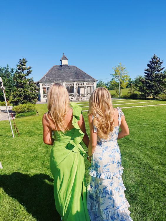 White Blue Floral A-Line Prom Dresses Long Prom Gowns