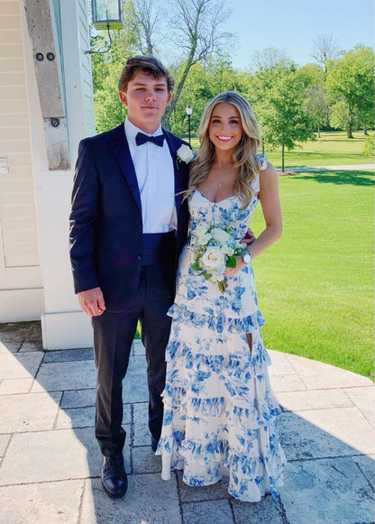 White Blue Floral A-Line Prom Dresses Long Prom Gowns