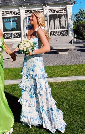 White Blue Floral A-Line Prom Dresses Long Prom Gowns