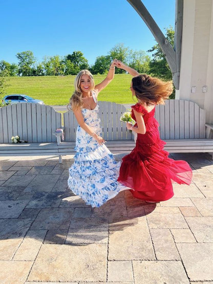 White Blue Floral A-Line Prom Dresses Long Prom Gowns