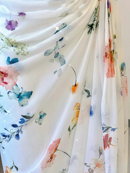 White Floral Elegant Sweet Sophisticated Long Chiffon Ball Gowns Prom Dress