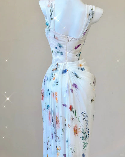 White Floral Elegant Sweet Sophisticated Long Chiffon Ball Gowns Prom Dress