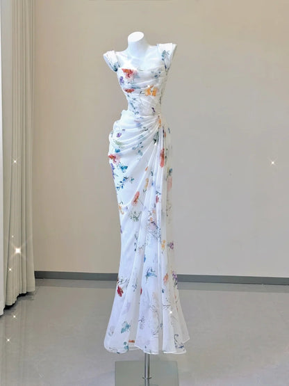 White Floral Elegant Sweet Sophisticated Long Chiffon Ball Gowns Prom Dress