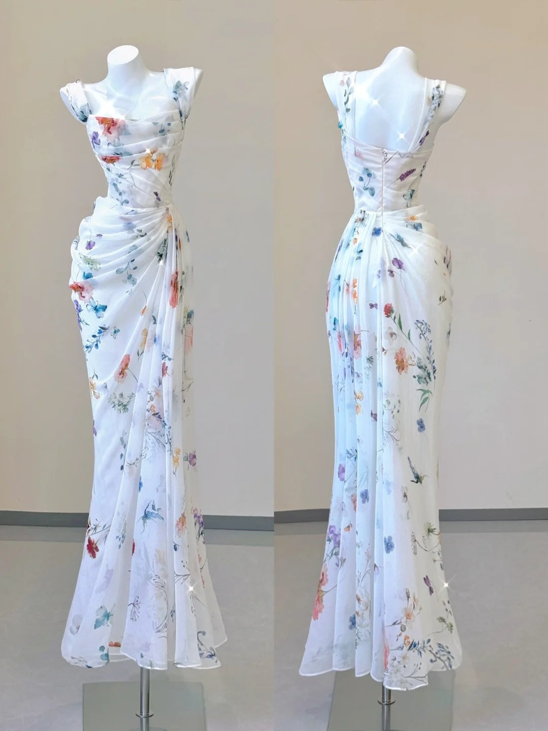 White Floral Elegant Sweet Sophisticated Long Chiffon Ball Gowns Prom Dress