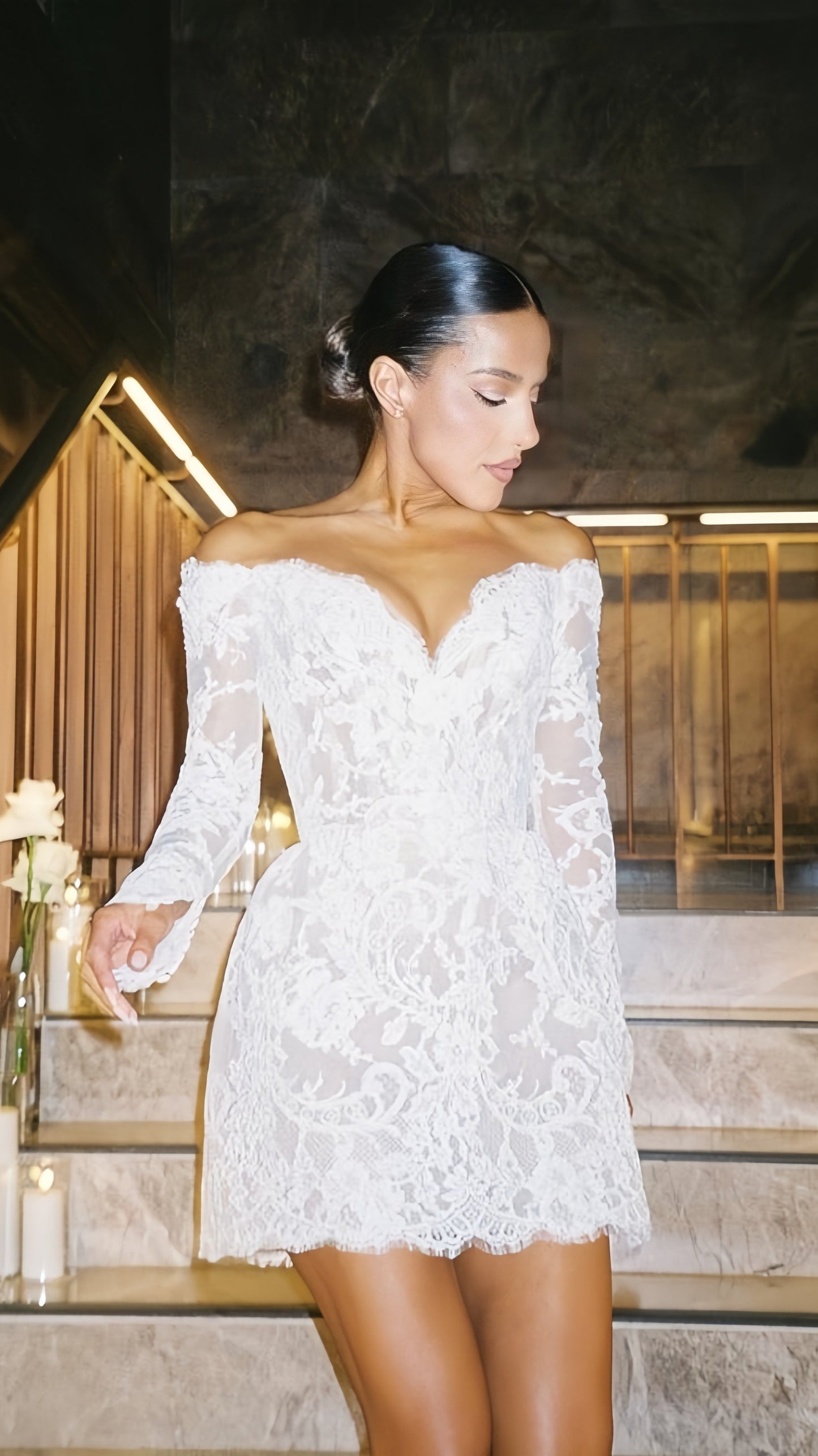 White Lace Bridal Dresses, Long Sleeves Mini Wedding Gowns,