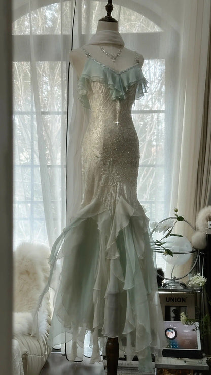 White Mint Green Romantic Fashion Elegant Delicate Beaded Lace Spaghetti Straps Long Tulle Chiffon Ruffle Ball Gowns Prom Gowns Prom Dresses