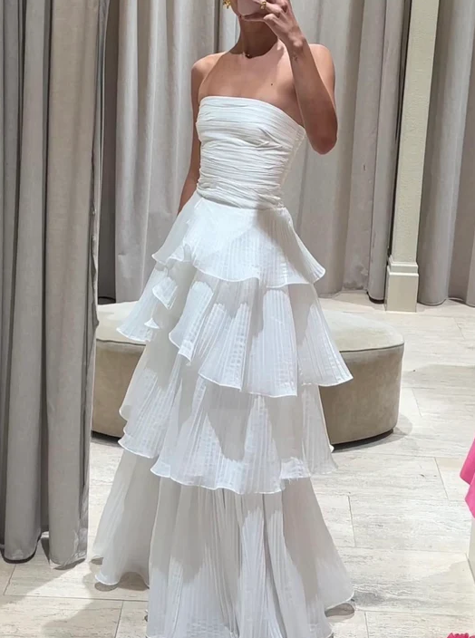 White Multi-Layer Prom Dresses Long White Prom Gowns
