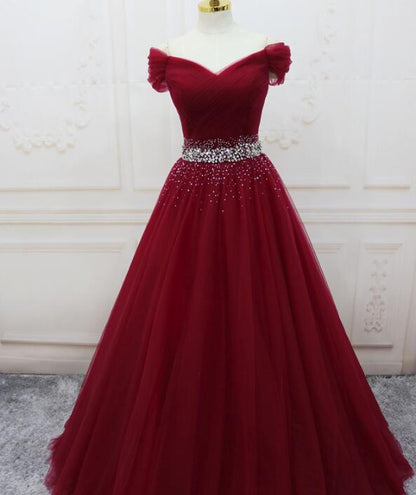 Wine Red Elegant Princess Gowns, Handmade Off Shoulder Ball Gown, Prom Dresses