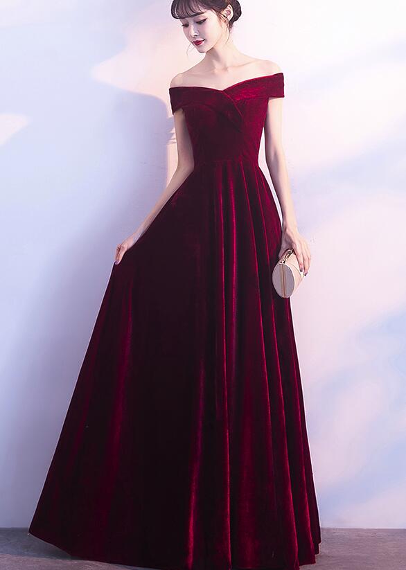 Wine Red Off Shoulder Velvet Long Wedding Prom Dresses, Charming Prom Gowns