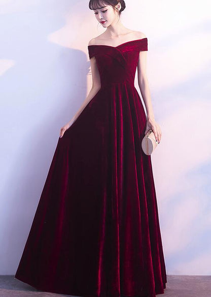 Wine Red Off Shoulder Velvet Long Wedding Prom Dresses, Charming Prom Gowns