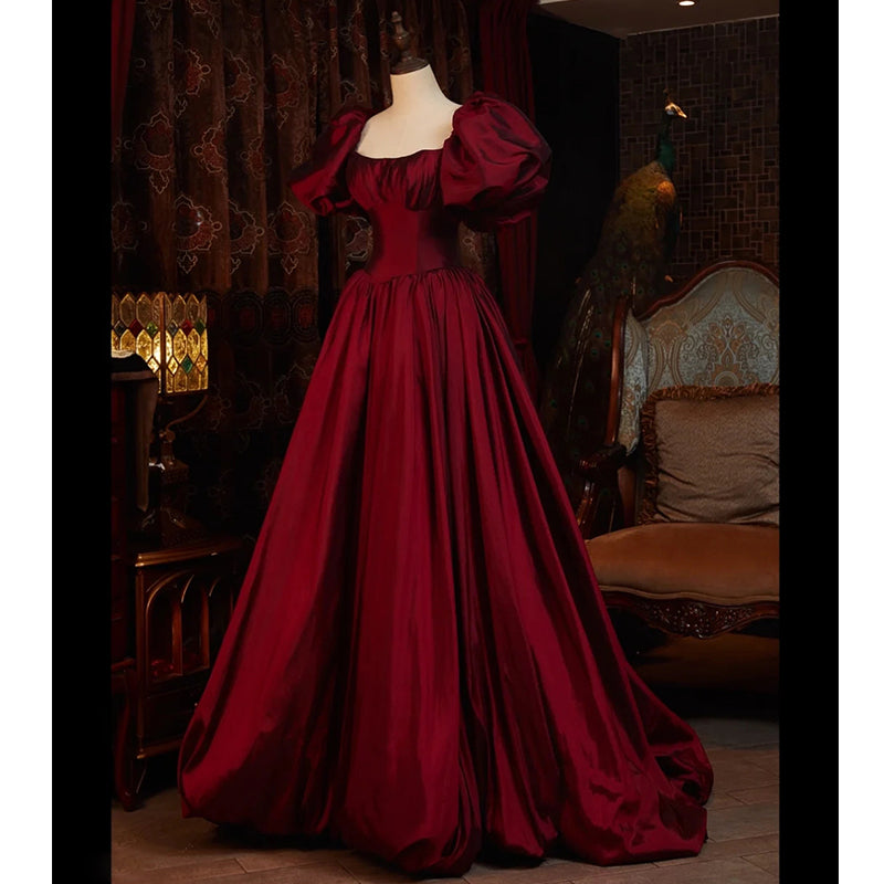 Wine Red Short Sleeves Floor Length Long Prom Dress, Ball Gowns Prom Dresses
