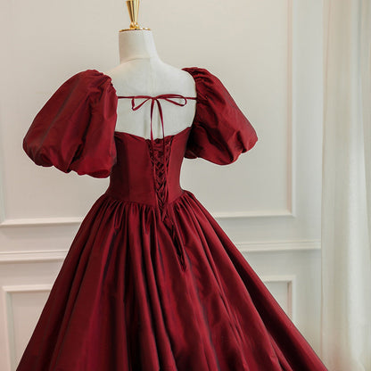 Wine Red Short Sleeves Floor Length Long Prom Dress, Ball Gowns Prom Dresses