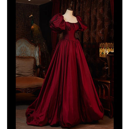 Wine Red Short Sleeves Floor Length Long Prom Dress, Ball Gowns Prom Dresses