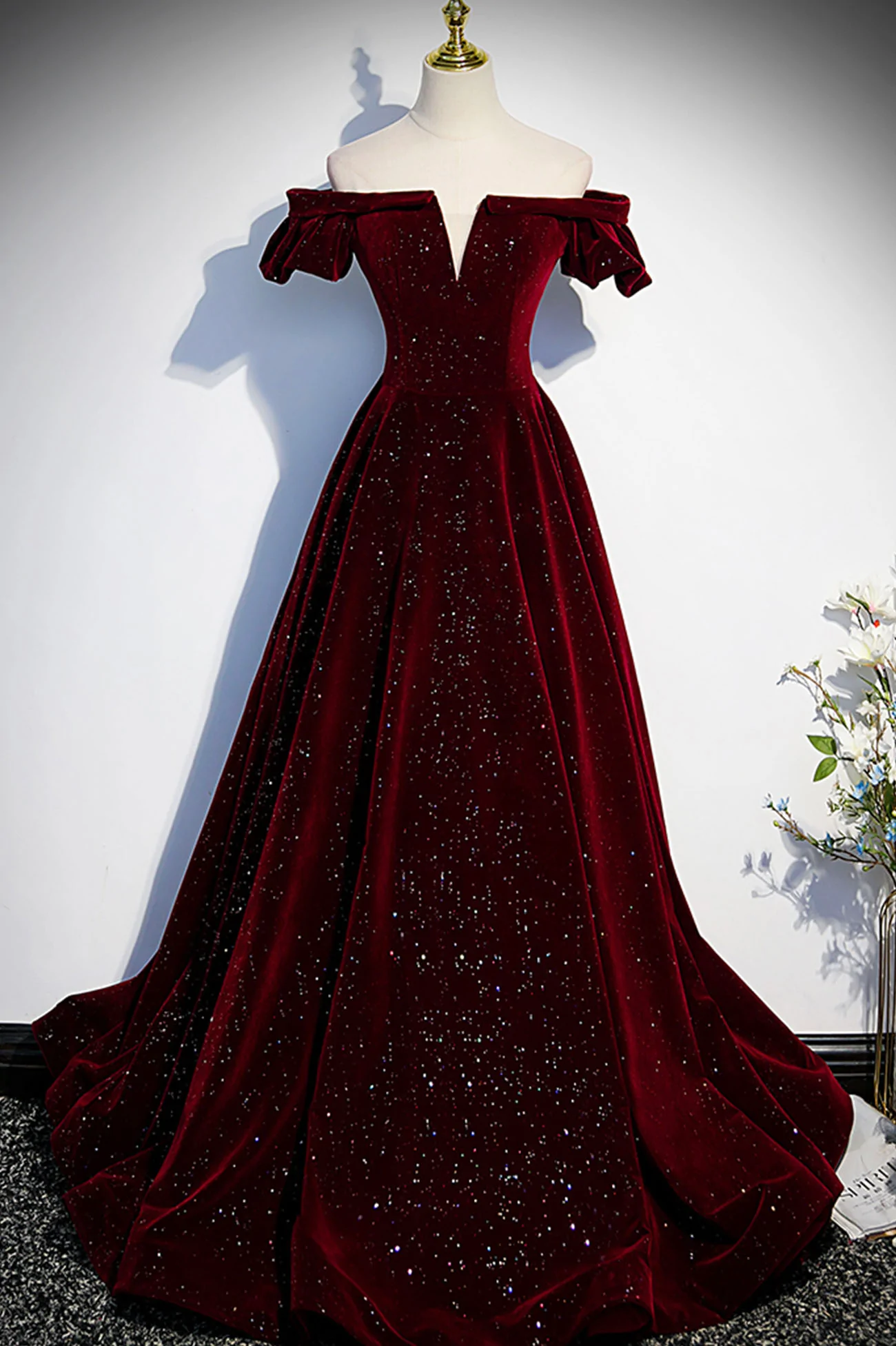 Wine Red Velvet Off Shoulder Long Prom Gowns, Wine Red Prom Dresses