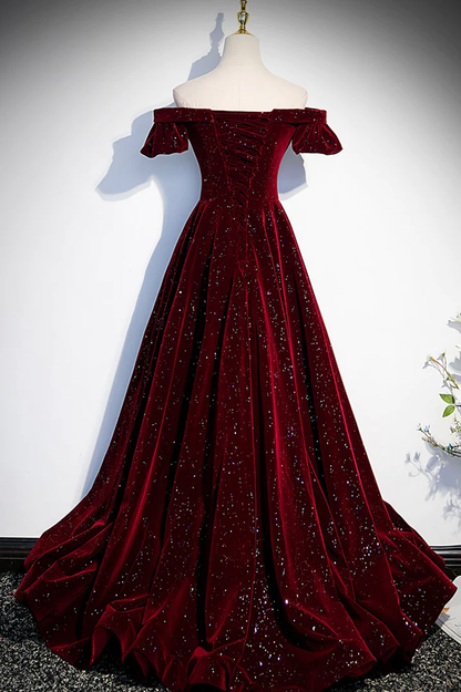 Wine Red Velvet Off Shoulder Long Prom Gowns, Wine Red Prom Dresses