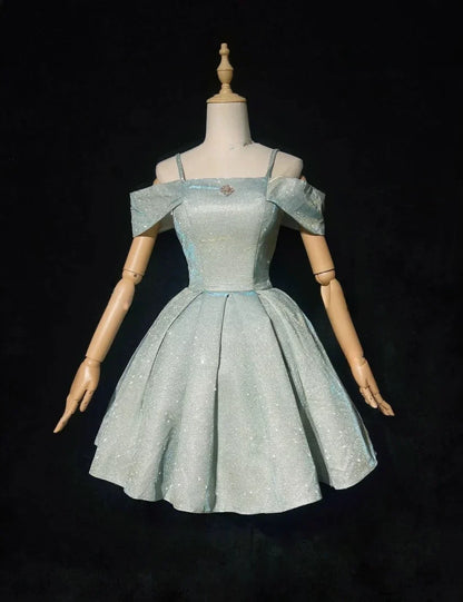 Sparkling Light Blue Sequin Spaghetti Strap Design A-line Satin Party Dress Homecoming Dress D1576