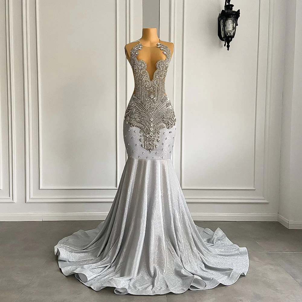Women Silver Long Mermaid Prom Dresses Sexy Sheer Mesh Luxury Sparkly Handmade Diamond Black Girl Prom Gala Gown